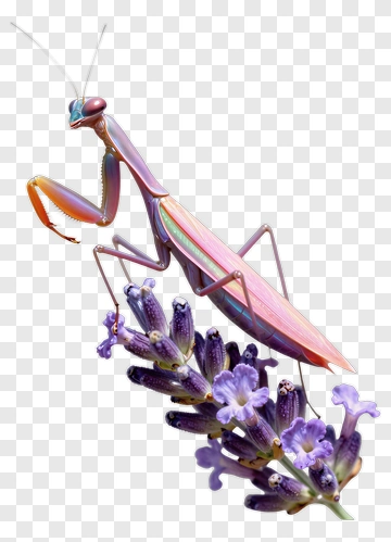 Colorful Praying Mantis On Lavender Flower PNG