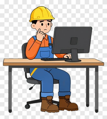 Thinking Construction Worker At Computer PNG