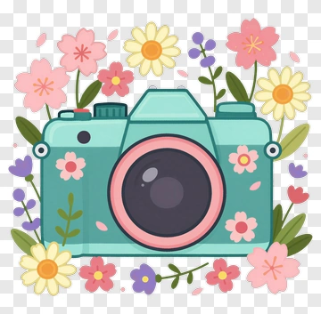 Camera Surrounded By Colorful Flowers PNG