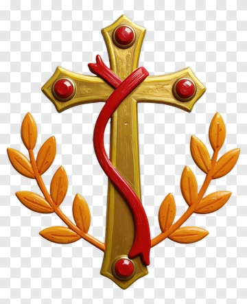 Cross With Red Ribbon And Laurel Leaves PNG