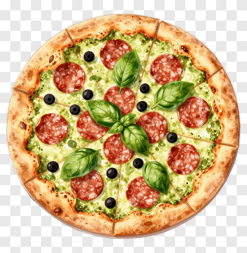 Pepperoni Pizza With Basil And Olives PNG