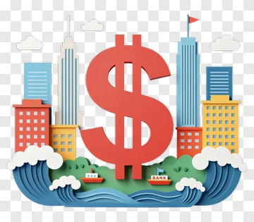 3D Dollar Sign With Cityscape And Waves PNG
