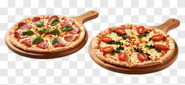 Two Pizzas On Wooden Pizza Boards PNG