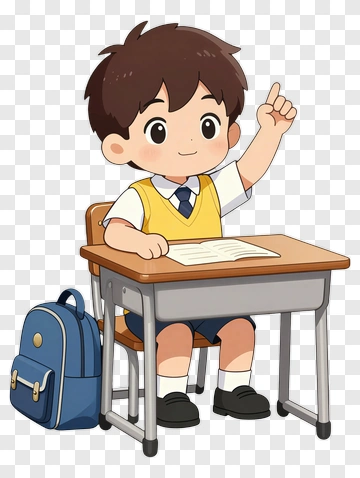 Cartoon Student Raising Hand At Desk PNG
