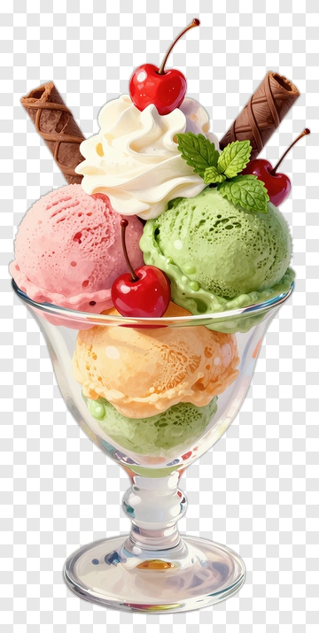 Ice Cream Sundae With Cherries And Wafers PNG