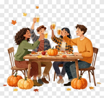 Happy Friends Celebrating Thanksgiving Dinner PNG
