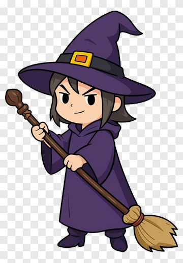 Cartoon Witch Holding A Broom PNG