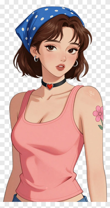 Cartoon Woman With Blue Bandana And Pink Top PNG