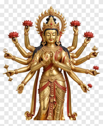 Golden Goddess With Multiple Arms Holding Lotus Flowers PNG