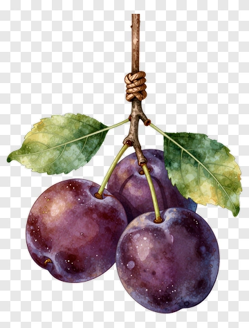 Watercolor Plums With Leaves PNG