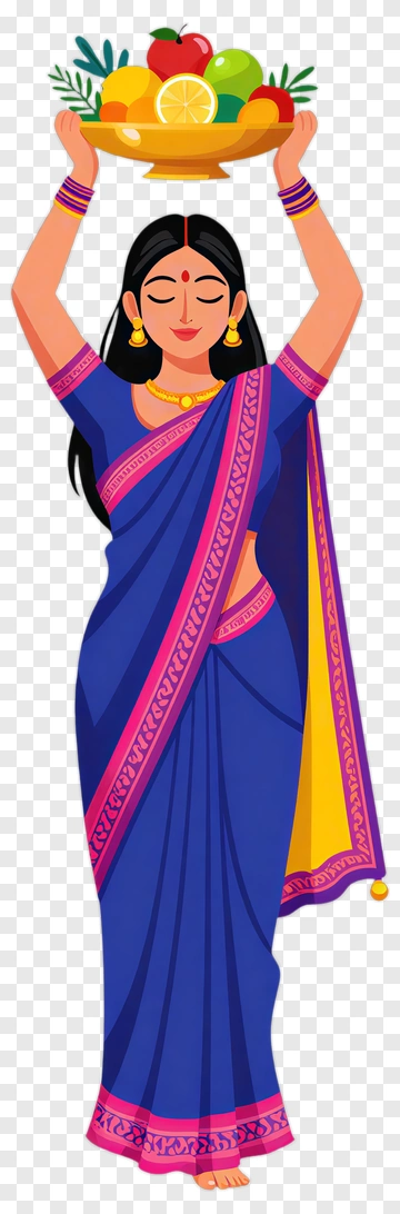 Woman In Traditional Saree Holding A Bowl Of Fruits PNG