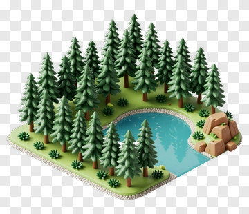3D Forest Scene With Pond And Rocks PNG