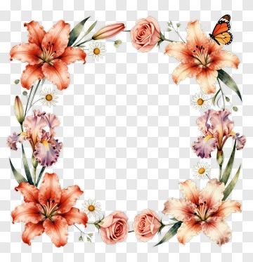 Floral Frame With Butterflies And Flowers PNG