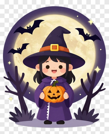 Cartoon Witch Holding A Halloween Pumpkin PNG