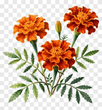 Marigold Flowers With Green Leaves PNG