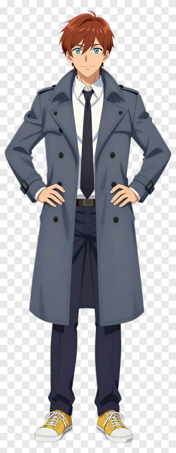 Anime Character In A Gray Coat With Yellow Sneakers PNG