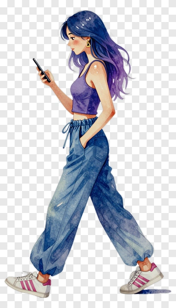 Cartoon Woman Walking While Using A Smartphone PNG