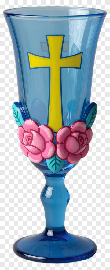 Decorative Blue Glass Goblet With Yellow Cross And Pink Flowers PNG