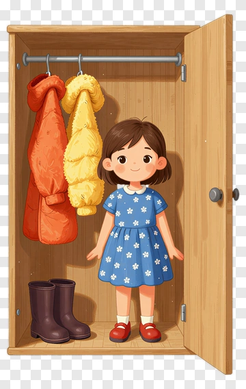 Girl Standing Inside Wooden Wardrobe PNG
