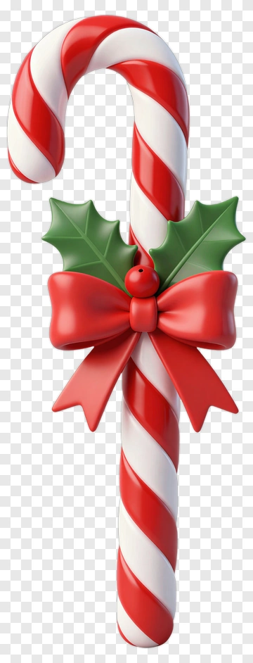 Christmas Candy Cane With Holly And Bow PNG