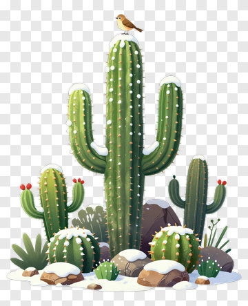 Cactus With Snow And Bird PNG