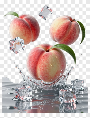 Fresh Peach Splashing In Water With Ice Cubes PNG