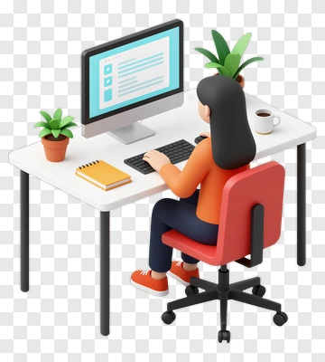 3D Woman Working At A Desk With Computer PNG