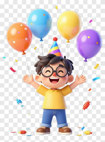Cartoon Boy Celebrating With Balloons PNG