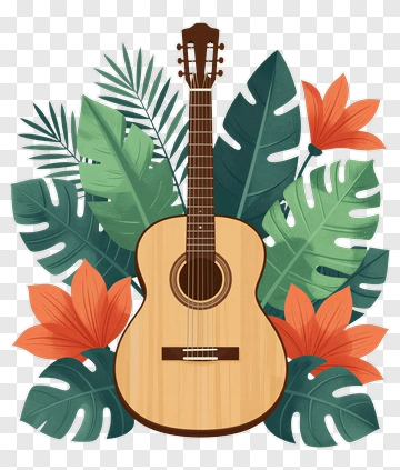 Acoustic Guitar Surrounded By Tropical Leaves And Flowers PNG
