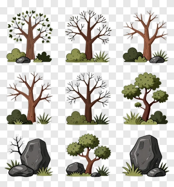 Cartoon Trees And Rocks Collection PNG
