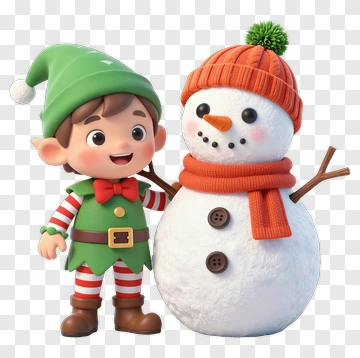 Cartoon Elf With A Snowman PNG
