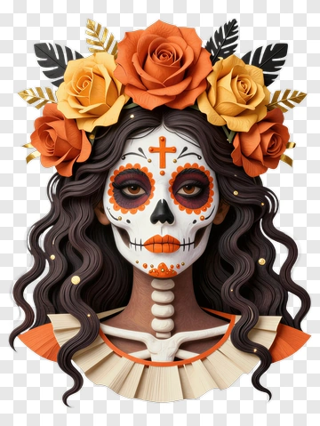 Colorful Sugar Skull Woman With Flowers PNG