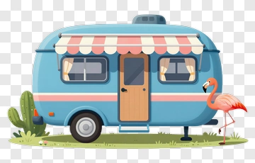 Cartoon Vintage Caravan With Flamingo PNG