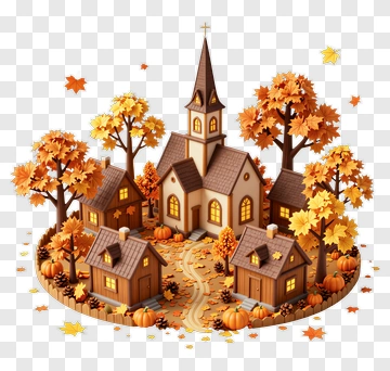 Autumn Village With Church And Colorful Trees PNG