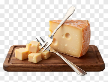 Cheese Block With Cubes On A Wooden Cutting Board PNG