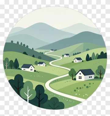 Countryside Landscape With Rolling Hills And Houses PNG