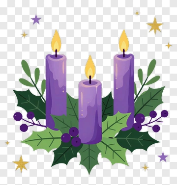 Three Purple Candles With Holiday Greenery PNG