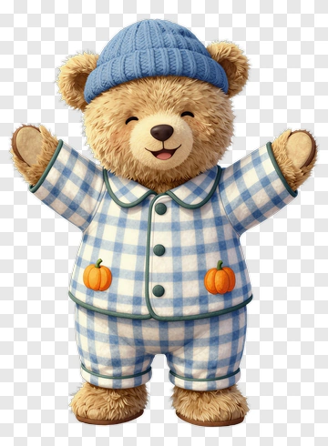 Cartoon Bear In Blue Pajamas With Pumpkins PNG