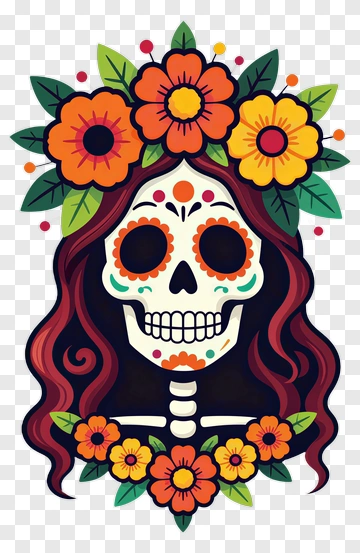 Colorful Sugar Skull With Flowers PNG