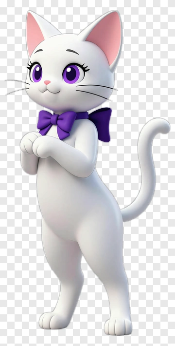 Cartoon White Cat With Purple Bowtie PNG