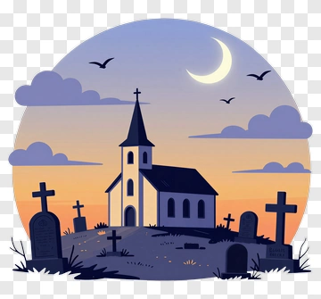 Cemetery With Church Under A Moonlit Sky PNG