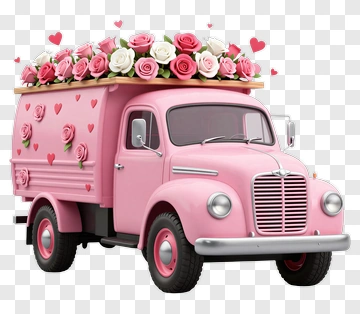 Pink Flower Truck With Roses And Hearts PNG