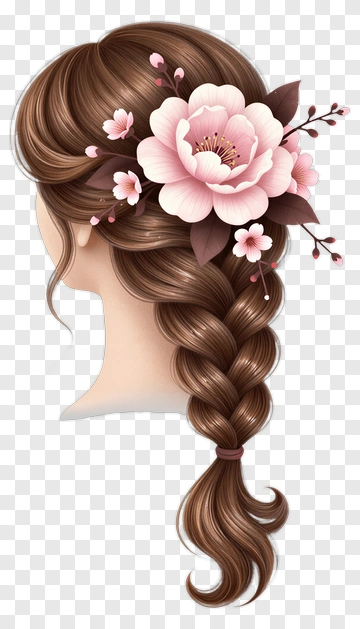 Braided Hair With Pink Flower Decoration PNG