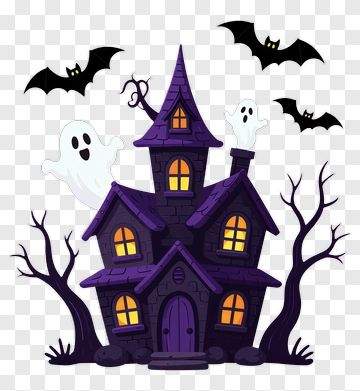 Cartoon Haunted House With Ghosts And Bats PNG