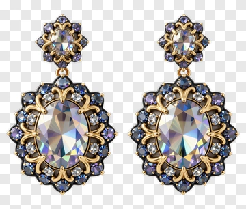 Gold And Blue Floral Earrings With Gemstones PNG