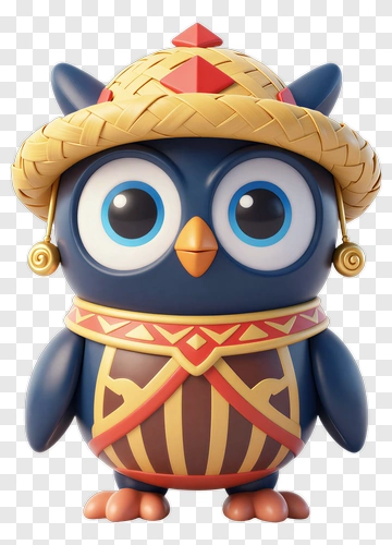 3D Owl Character Wearing A Straw Hat PNG