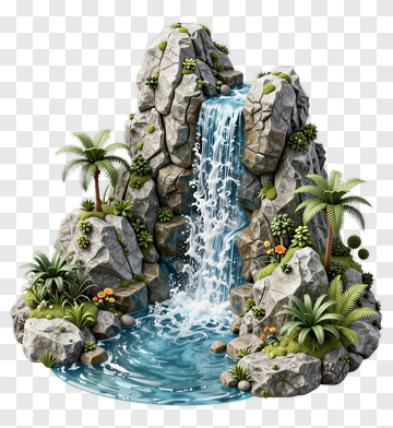 Waterfall Surrounded By Rocks And Tropical Plants PNG