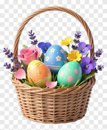 Easter Basket With Colorful Eggs And Flowers PNG