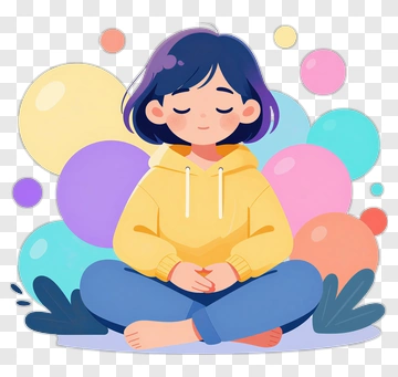 Cartoon Girl Meditating With Colorful Bubbles PNG