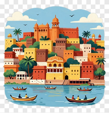 Colorful Cityscape With Boats On Water PNG